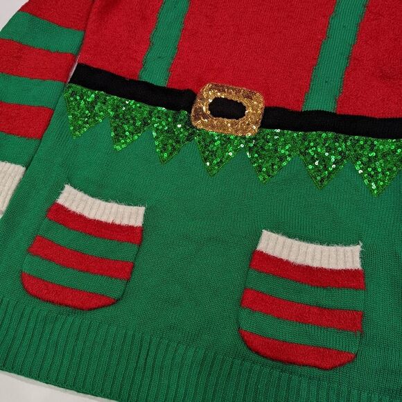United States Sweaters elf overalls tunic sweater red green bow shiny size large - Picture 2 of 5